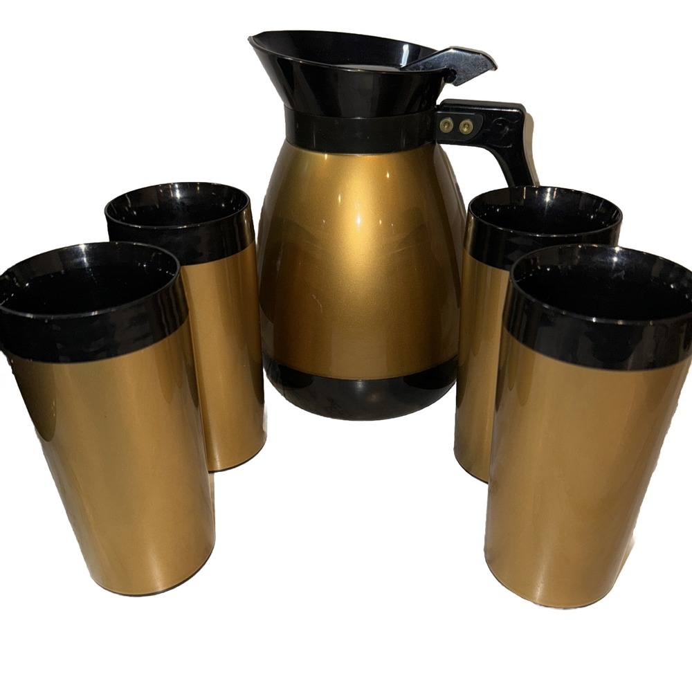 Vintage Thermo Serv Carafe and Tumblers Gold Black West Bend MCM coffee bar Rare